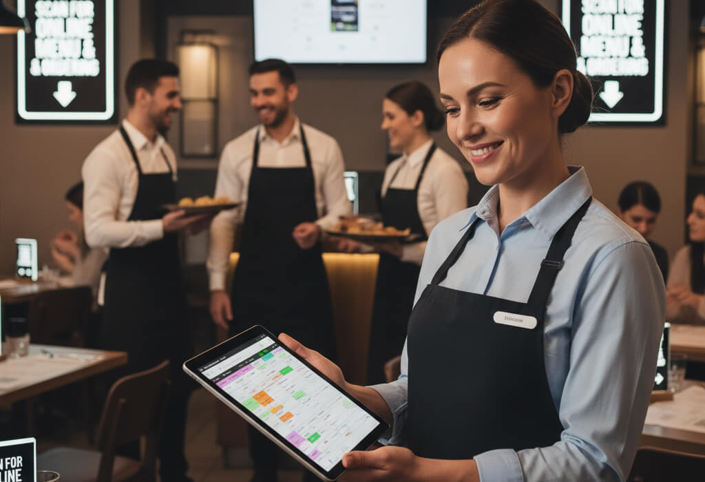 Restaurant manager using tablet to manage schedules with satisfied staff working, showing tech reducing turnover and boosting morale.