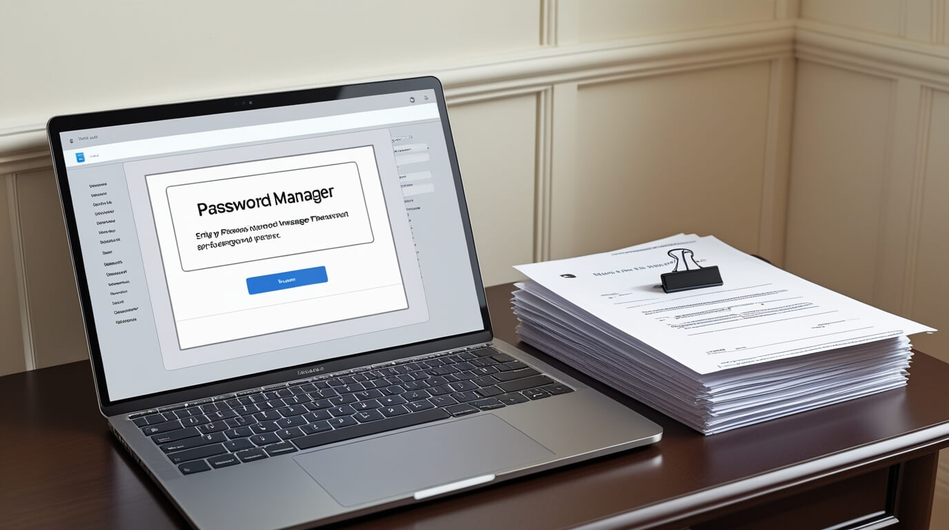 Laptop with estate planning documents and a digital password manager illustrating digital asset planning.