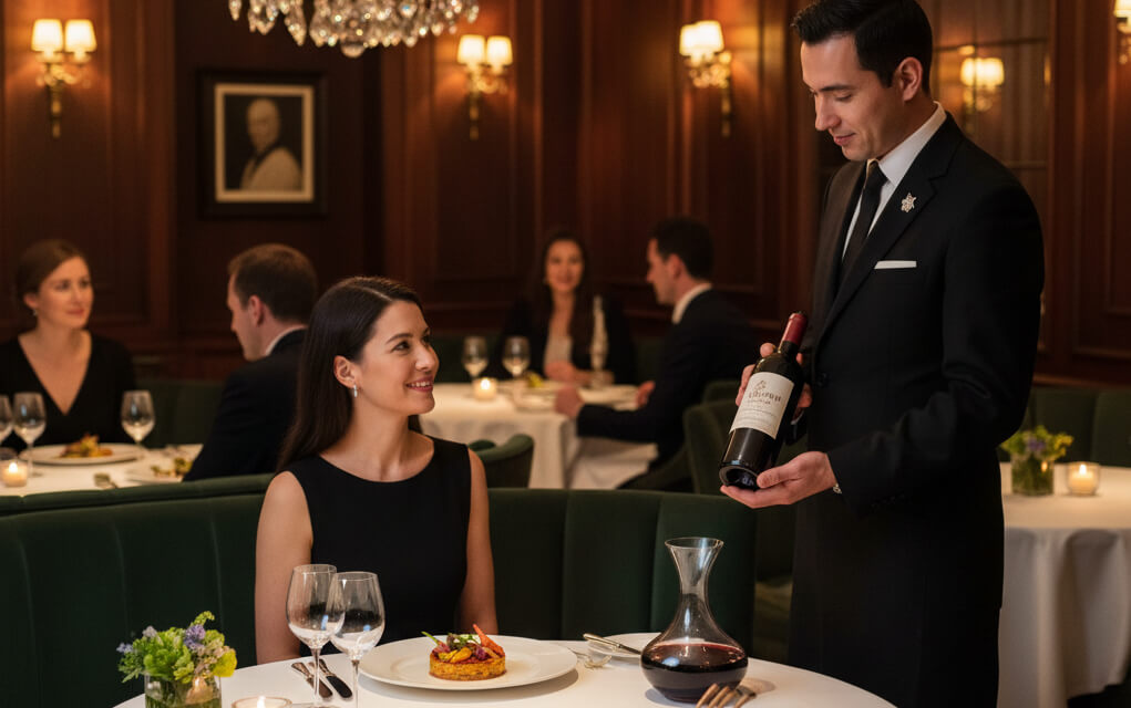 Elegant fine dining restaurant interior with ambient lighting, table settings, and guests enjoying a multi-course meal.