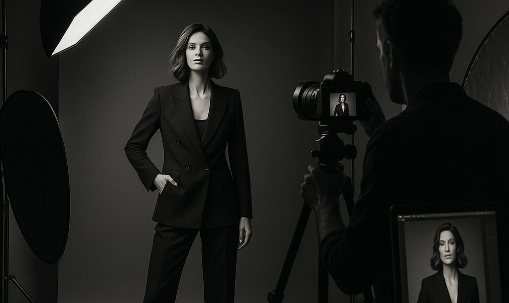 Professional fashion model posing under studio lights with stylish wardrobe and a high-end camera setup