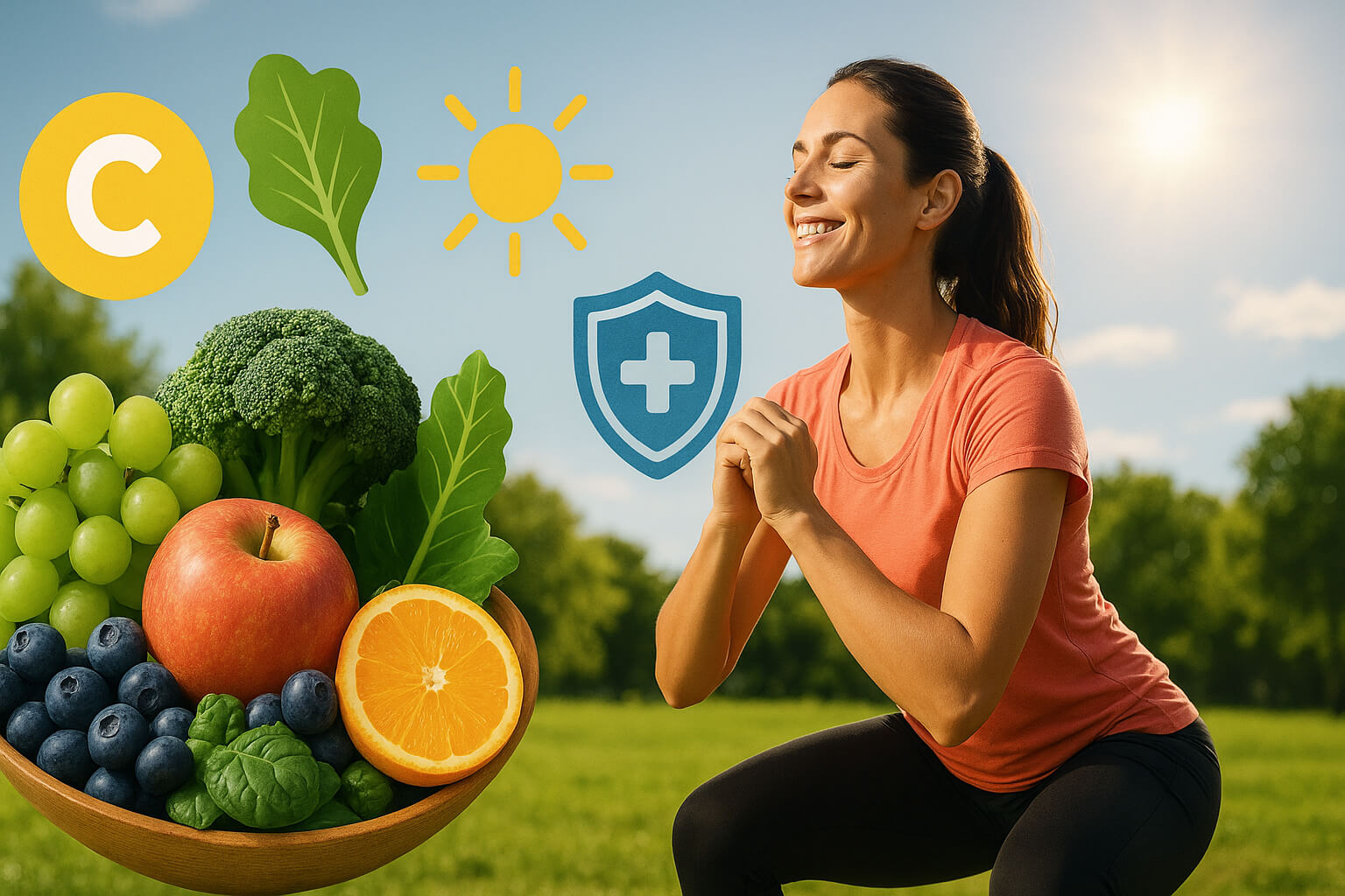 Healthy lifestyle with nutritious foods, exercise, and wellness practices to strengthen the immune system.