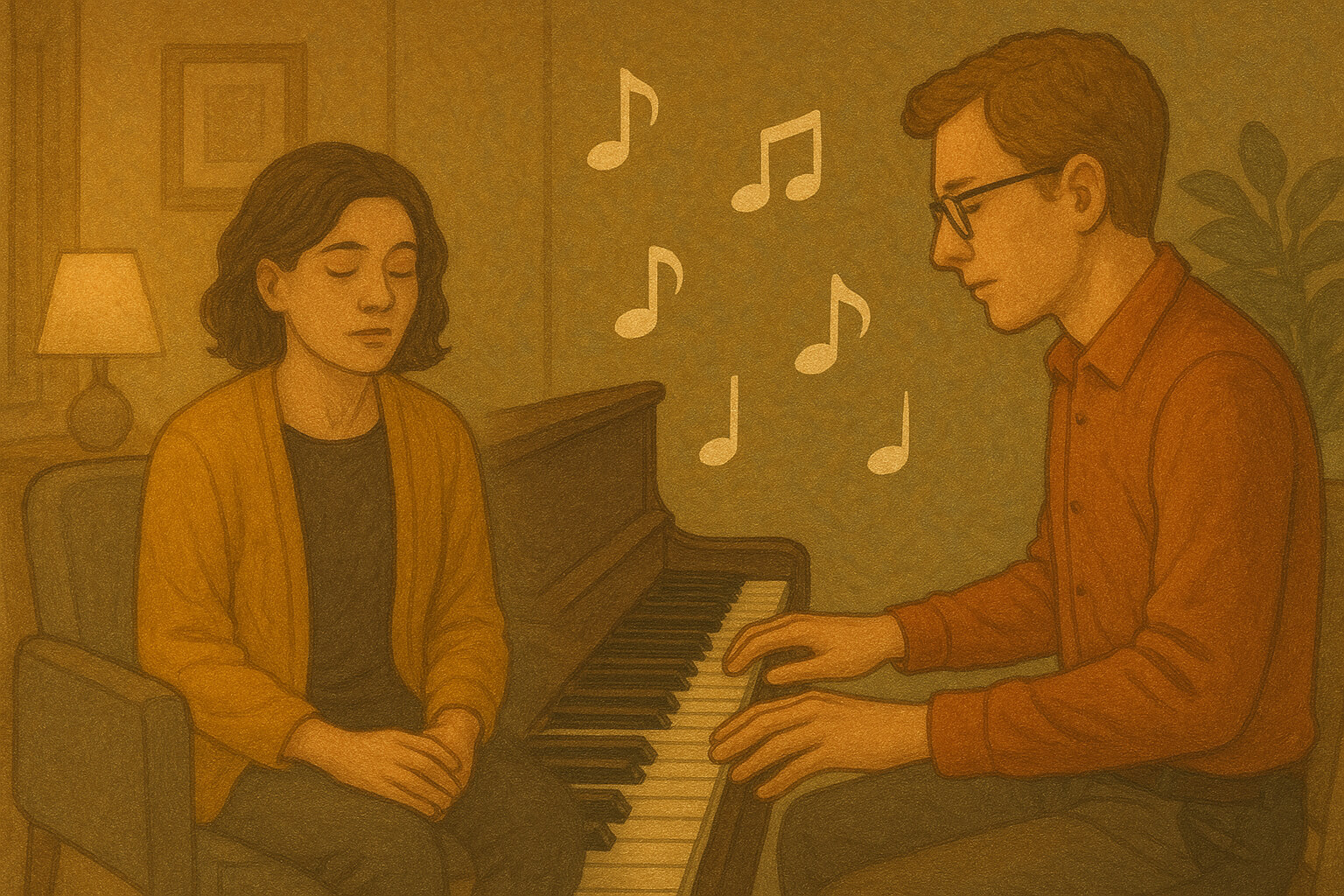 Music therapy session with a person playing piano and another listening peacefully, symbolizing emotional healing through sound.