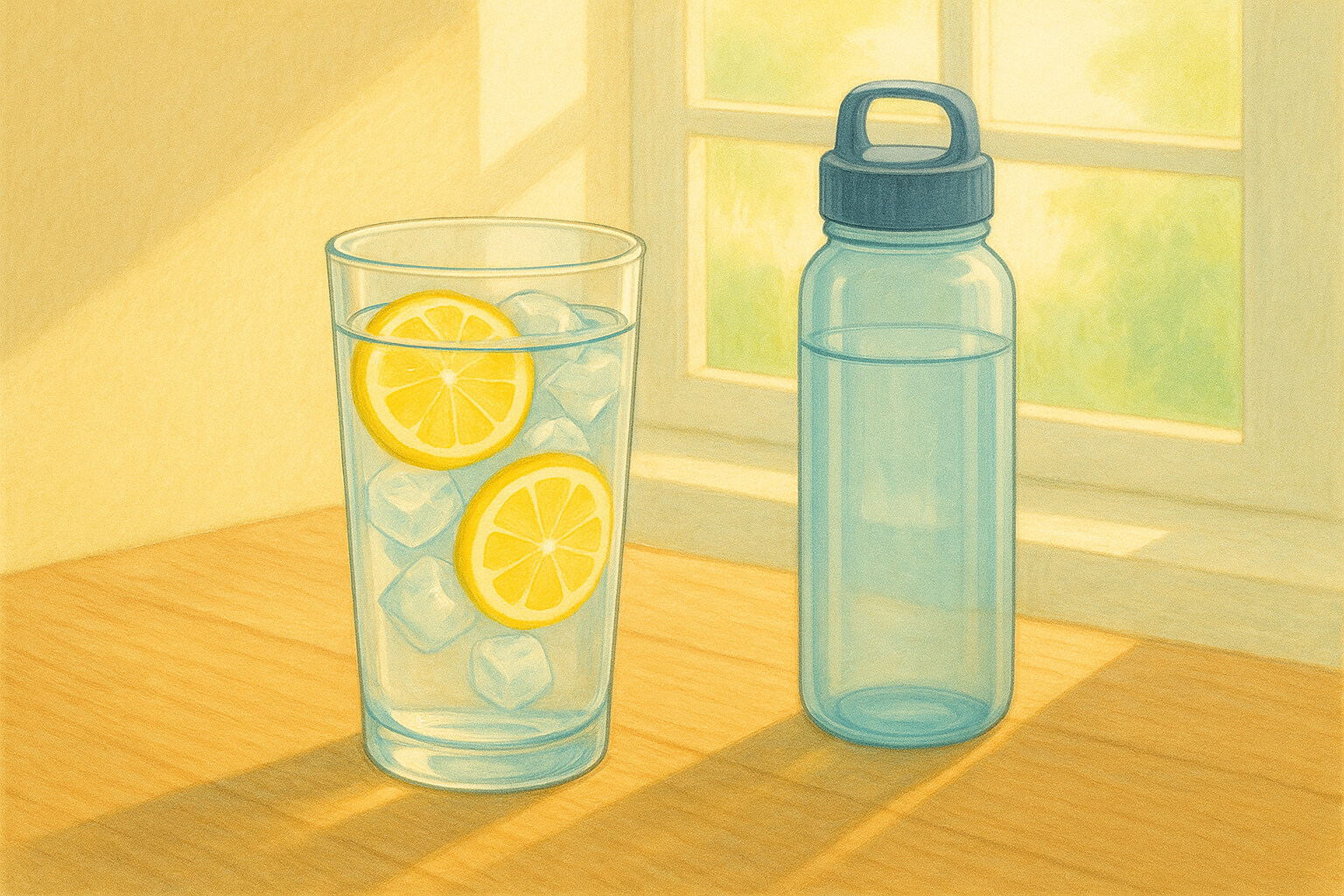 Glass of water with fresh lemon slices on a table, symbolizing hydration and wellness.