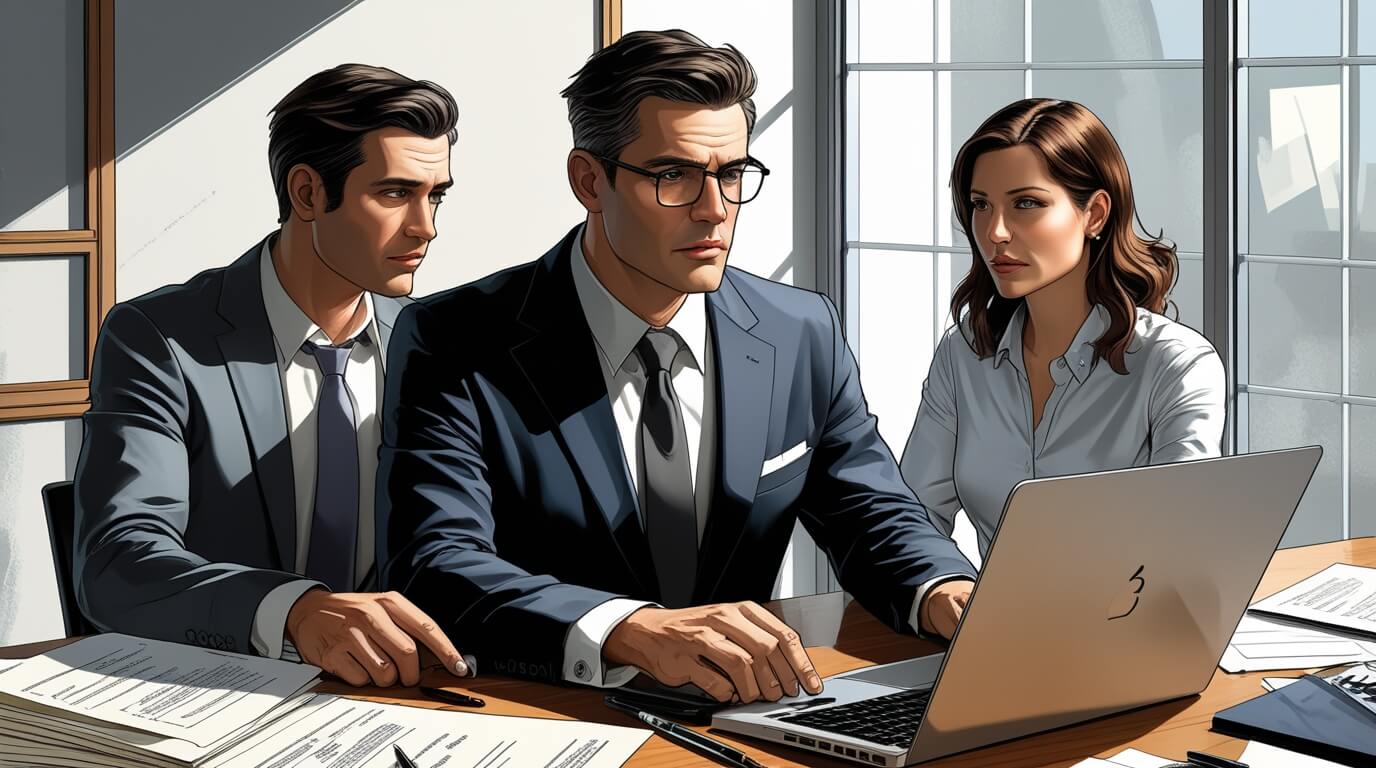 Divorce attorney reviewing spousal support calculations with a client using documents and a calculator.