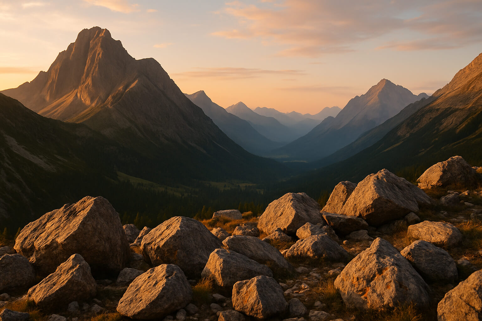 Mountain landscape with sharp foreground and distant peaks, captured using optimal aperture settings.