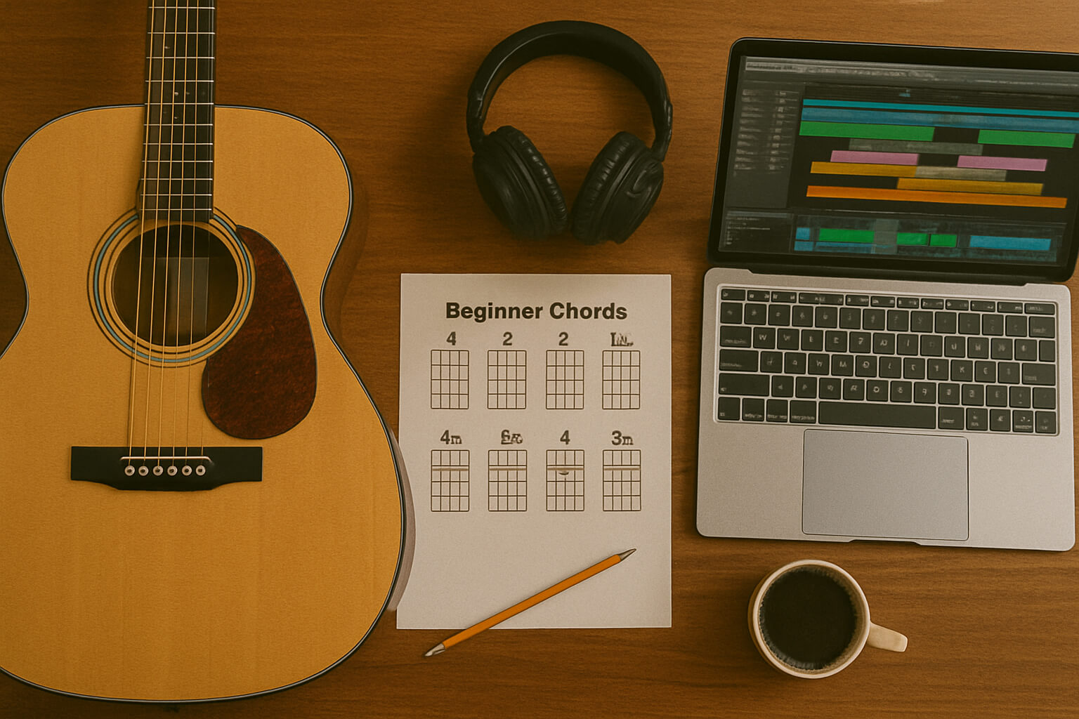 A beginner’s music setup with a guitar, laptop, headphones, and a checklist for learning.