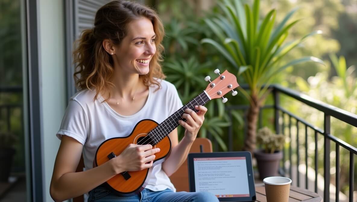 Beginner playing ukulele while watching a tutorial, enjoying the simplicity and fun of learning music.
