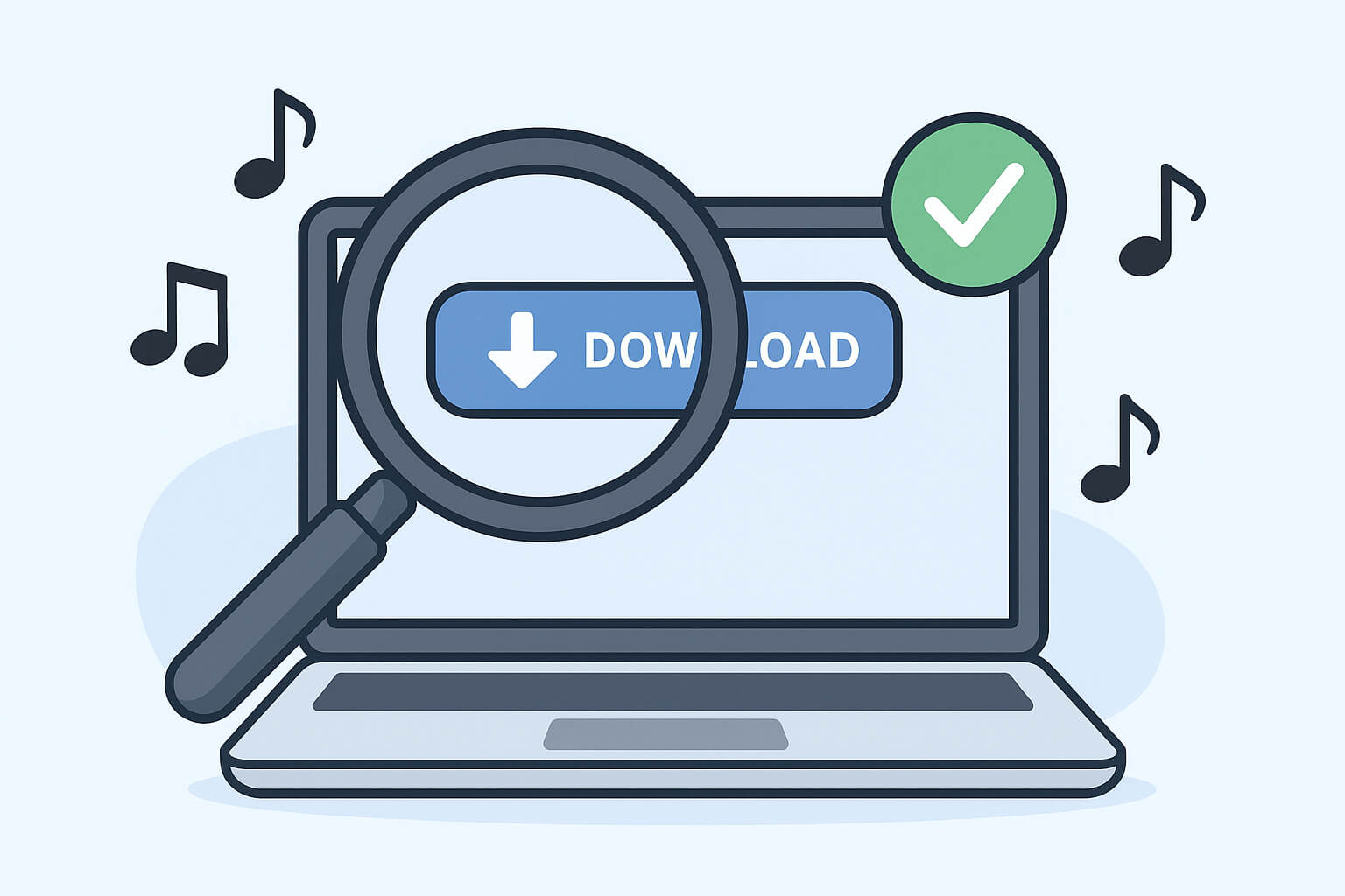 Magnifying glass highlighting legal music download button on laptop