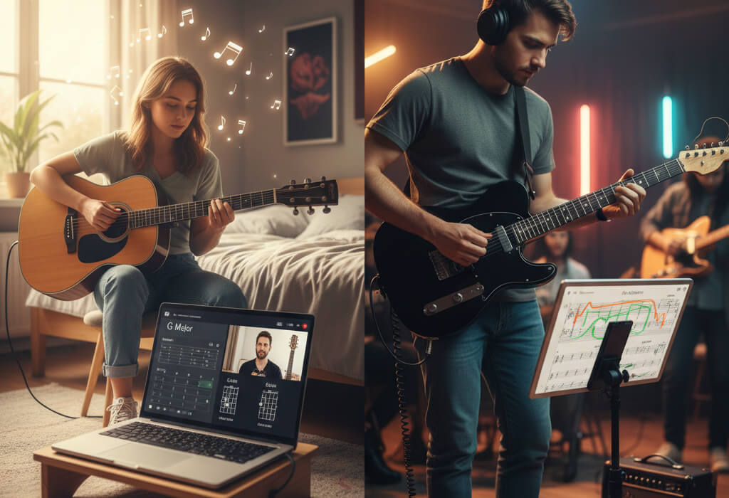 Beginner and intermediate guitarists learning through free online and offline guitar courses in 2026.