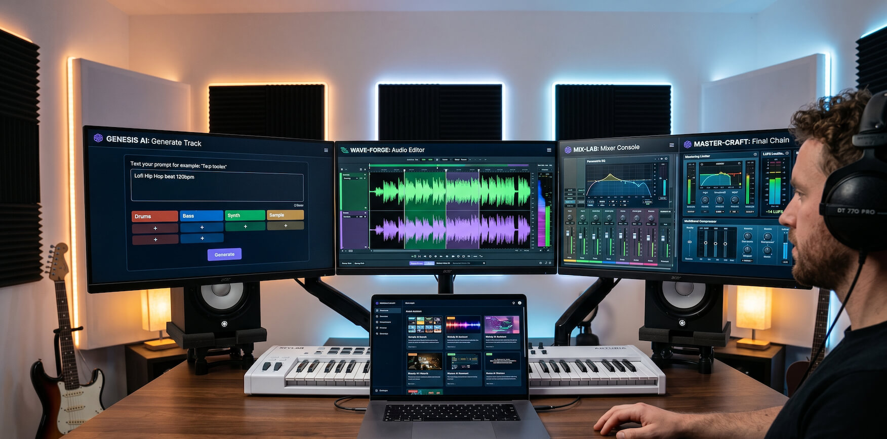 Musician comparing different AI tools for music production and editing