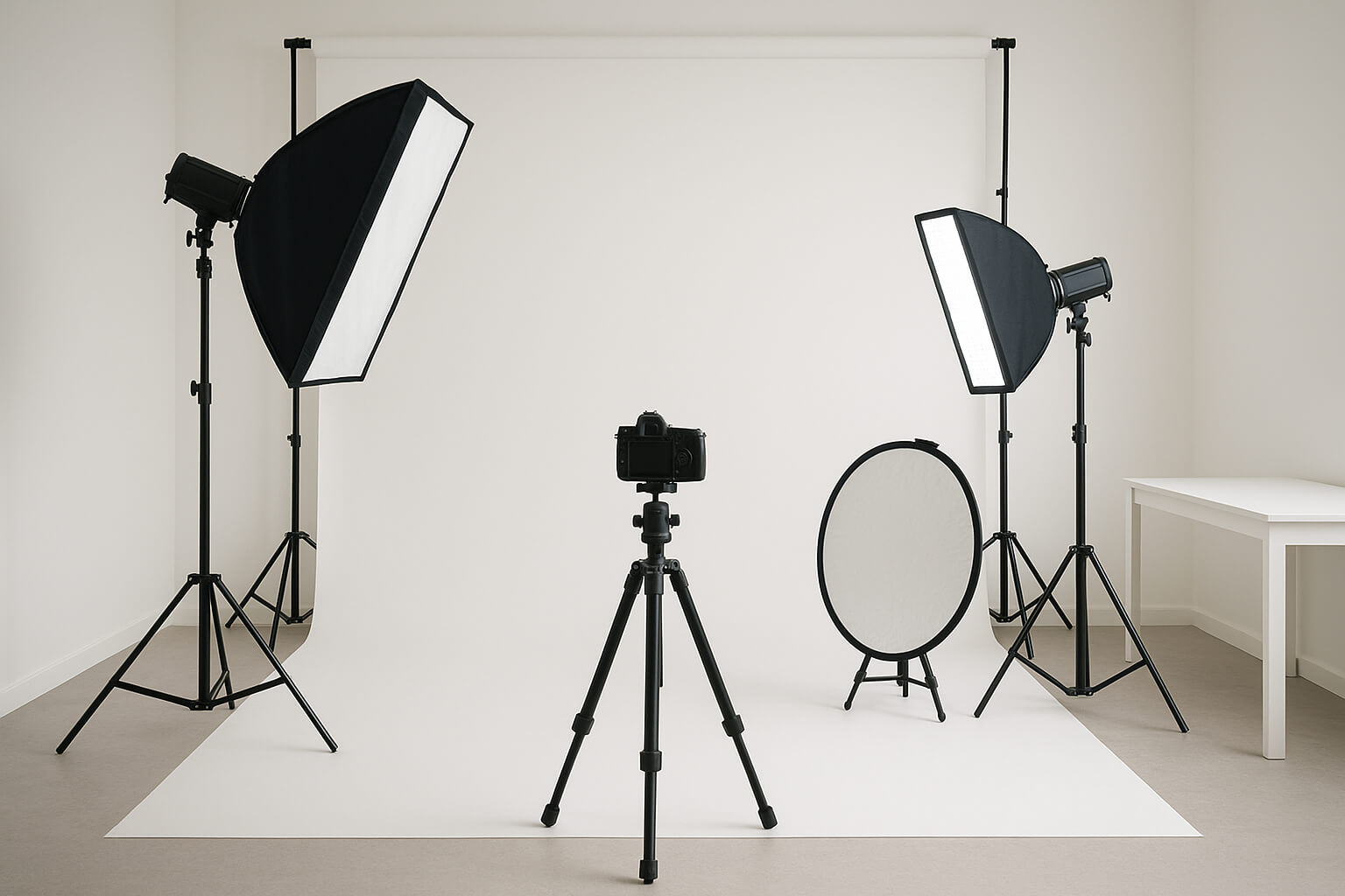 Basic photo studio setup with softboxes, tripod, LED lighting, and neutral backdrop for beginners