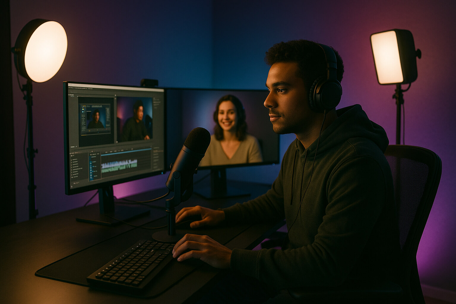 Professional streaming setup with soft lighting, RGB background, and content creator in front of camera
