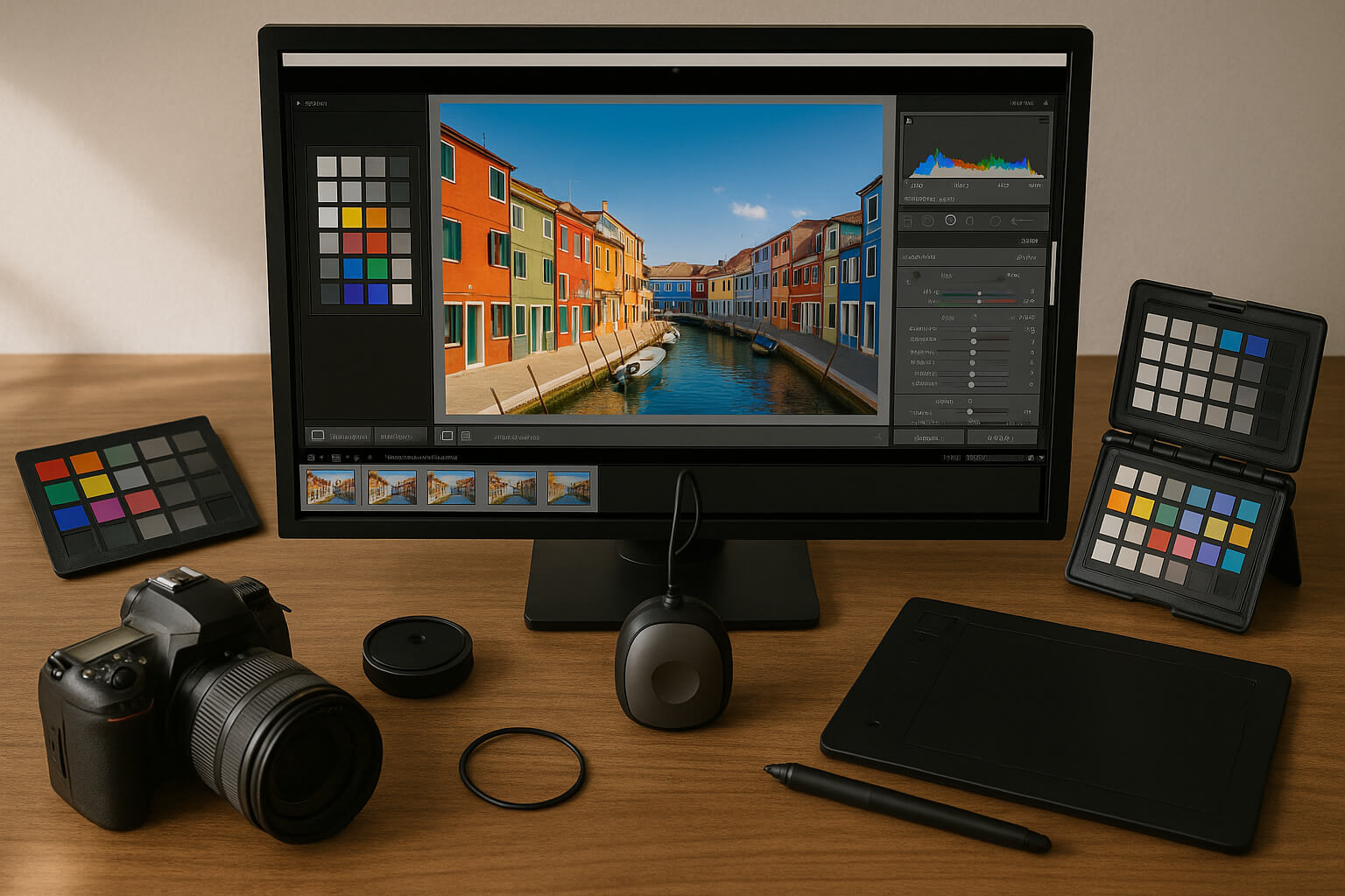 Editing vibrant color photo on monitor with editing software, color charts, and camera gear.