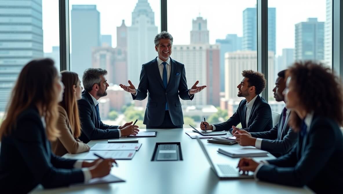 Business attorney discussing corporate litigation strategy with executives in a modern office.