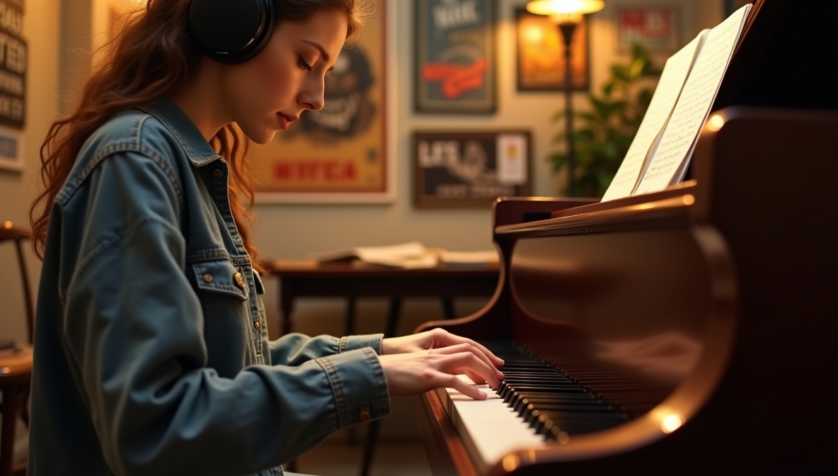 Pianist learning a song by ear with headphones on, focusing on the keys without sheet music.