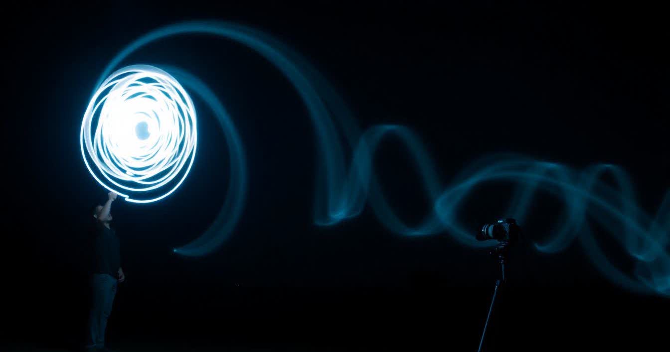 Photographer creating glowing spirals with LED wand in a long exposure nighttime scene.