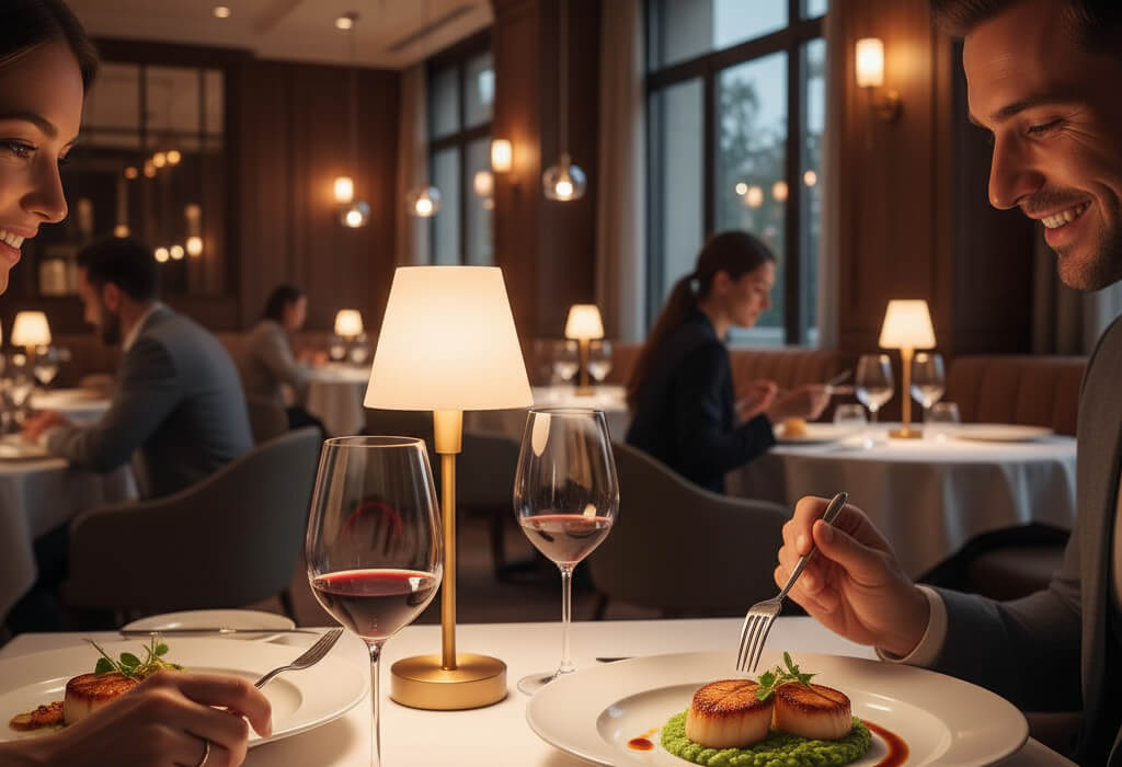 Elegant restaurant interior showing guests enjoying beautifully plated dishes, symbolizing how atmosphere enhances taste perception.