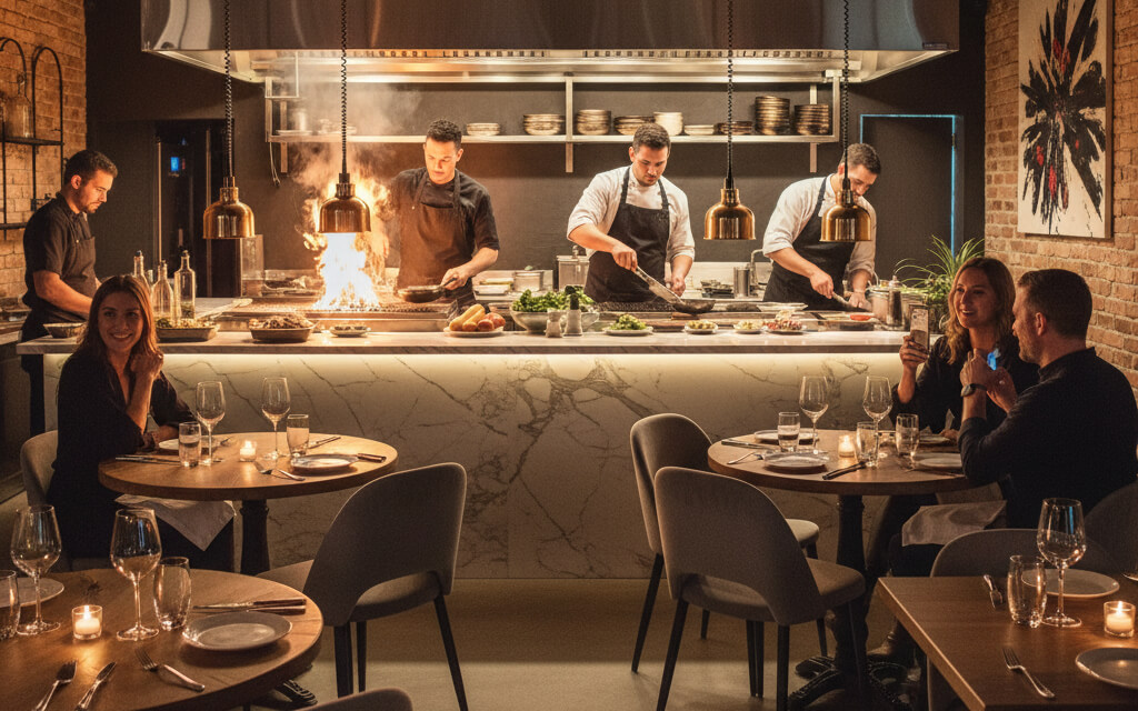 Modern restaurant with an open kitchen where chefs cook in view of diners enjoying their meals.