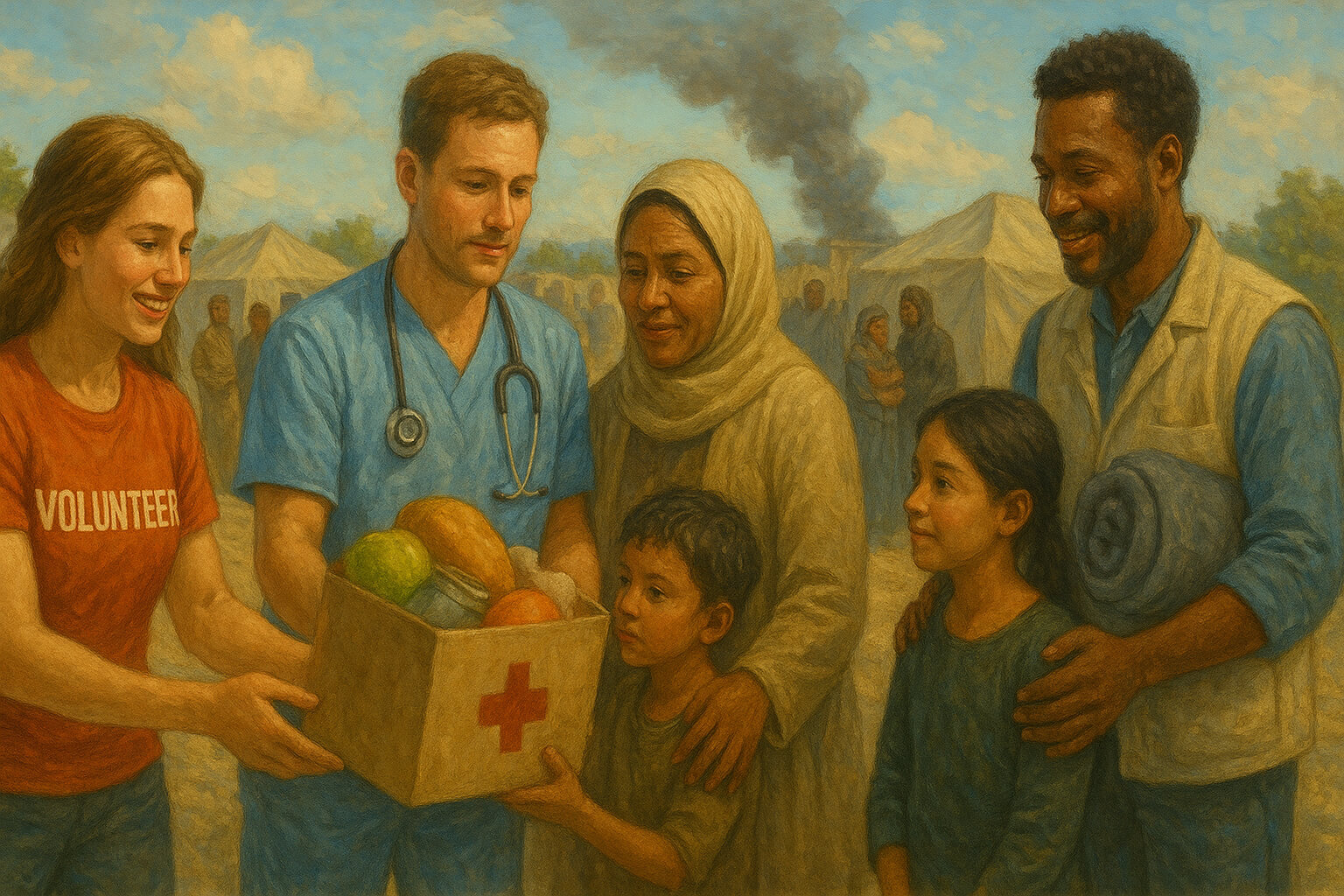 Non-profit volunteers providing aid and support during a global crisis, showing resilience and compassion.
