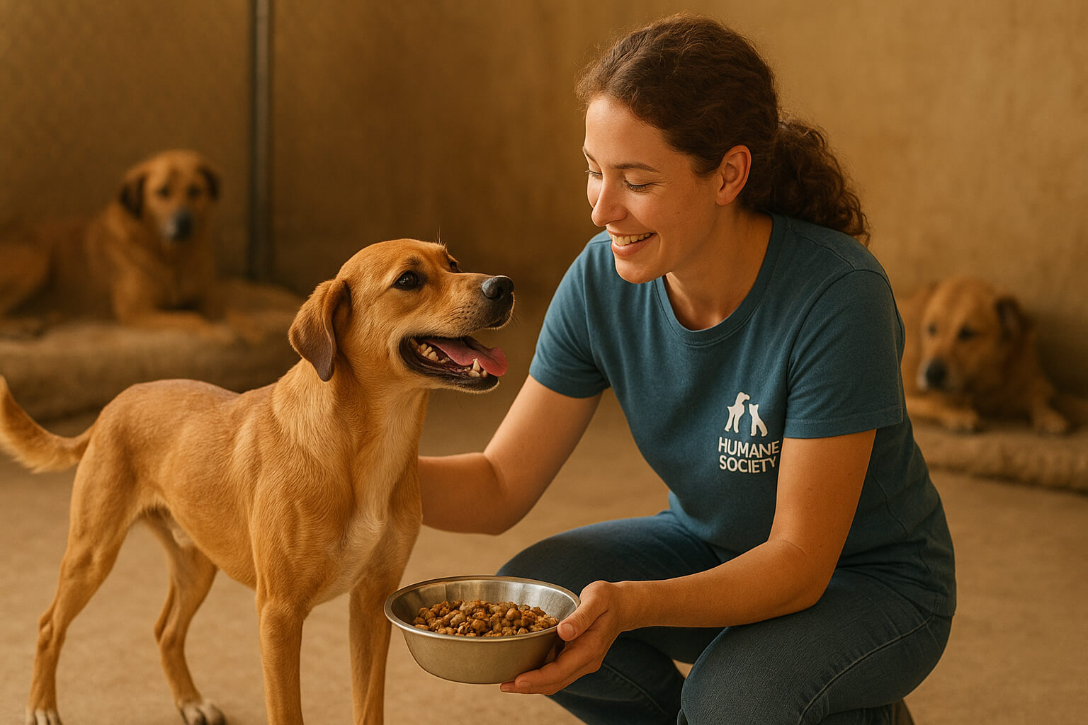 Shelter volunteer feeding a rescued dog, symbolizing hope and second chances through animal rescue programs.