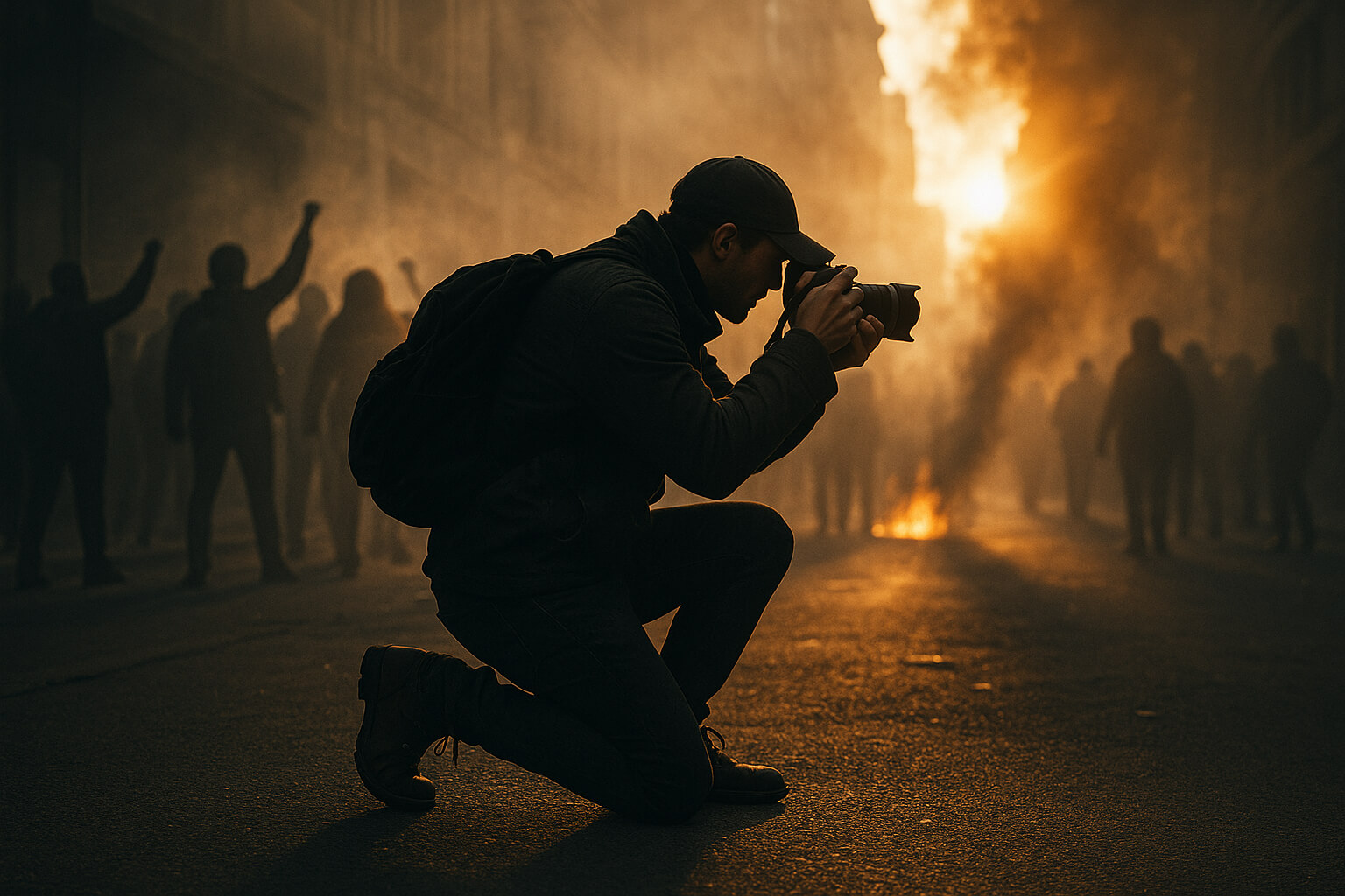 Photojournalist capturing protest action on the street with camera in hand.