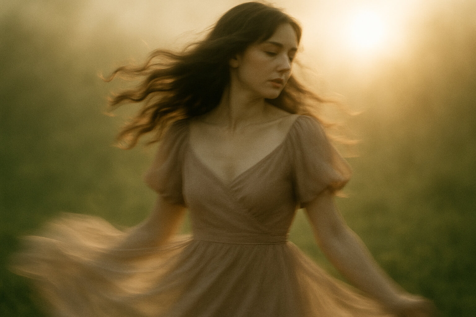 Artistic portrait of a woman with motion blur in hair and fabric, captured using slow shutter speed.