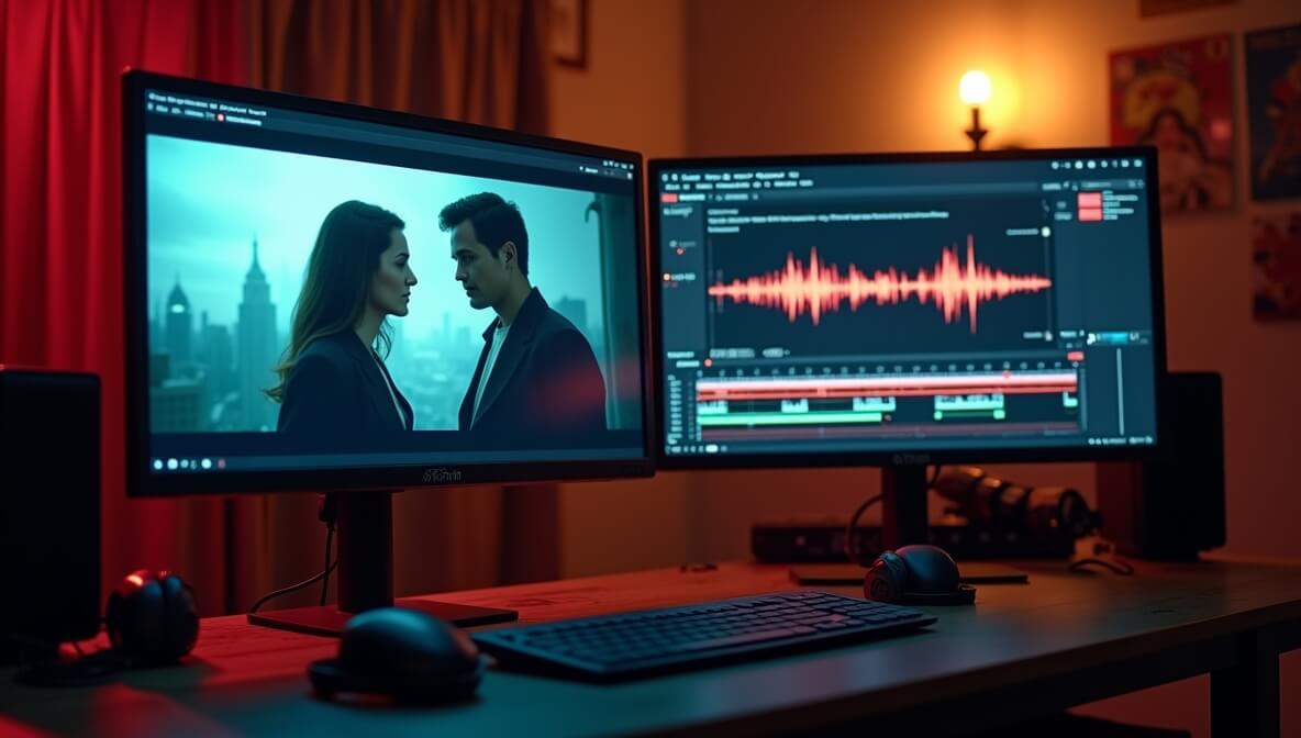 Film editor’s desk with movie scene on one screen and music waveform on another, surrounded by film reels and headphones.