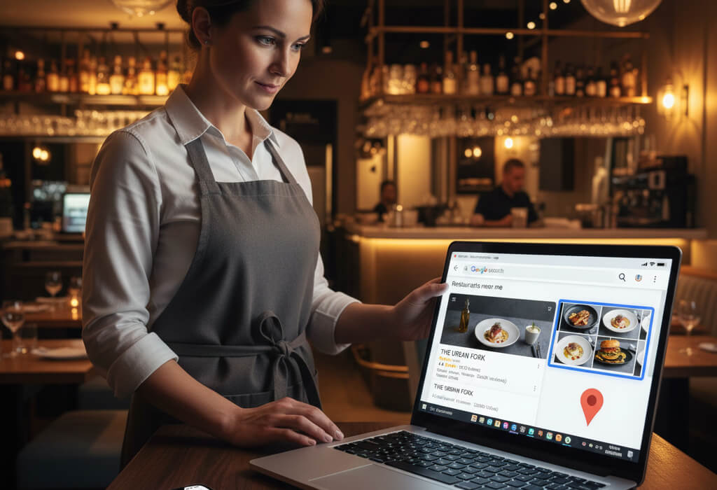 Local SEO for restaurants showing a restaurant ranking on Google Maps with strong reviews and a high-converting website.