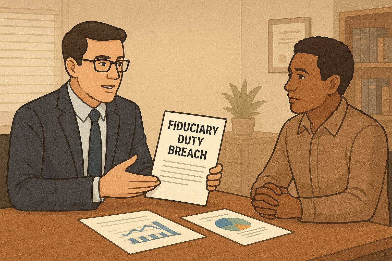 Business lawyer explaining breach of fiduciary duty to a client with legal papers and financial data.