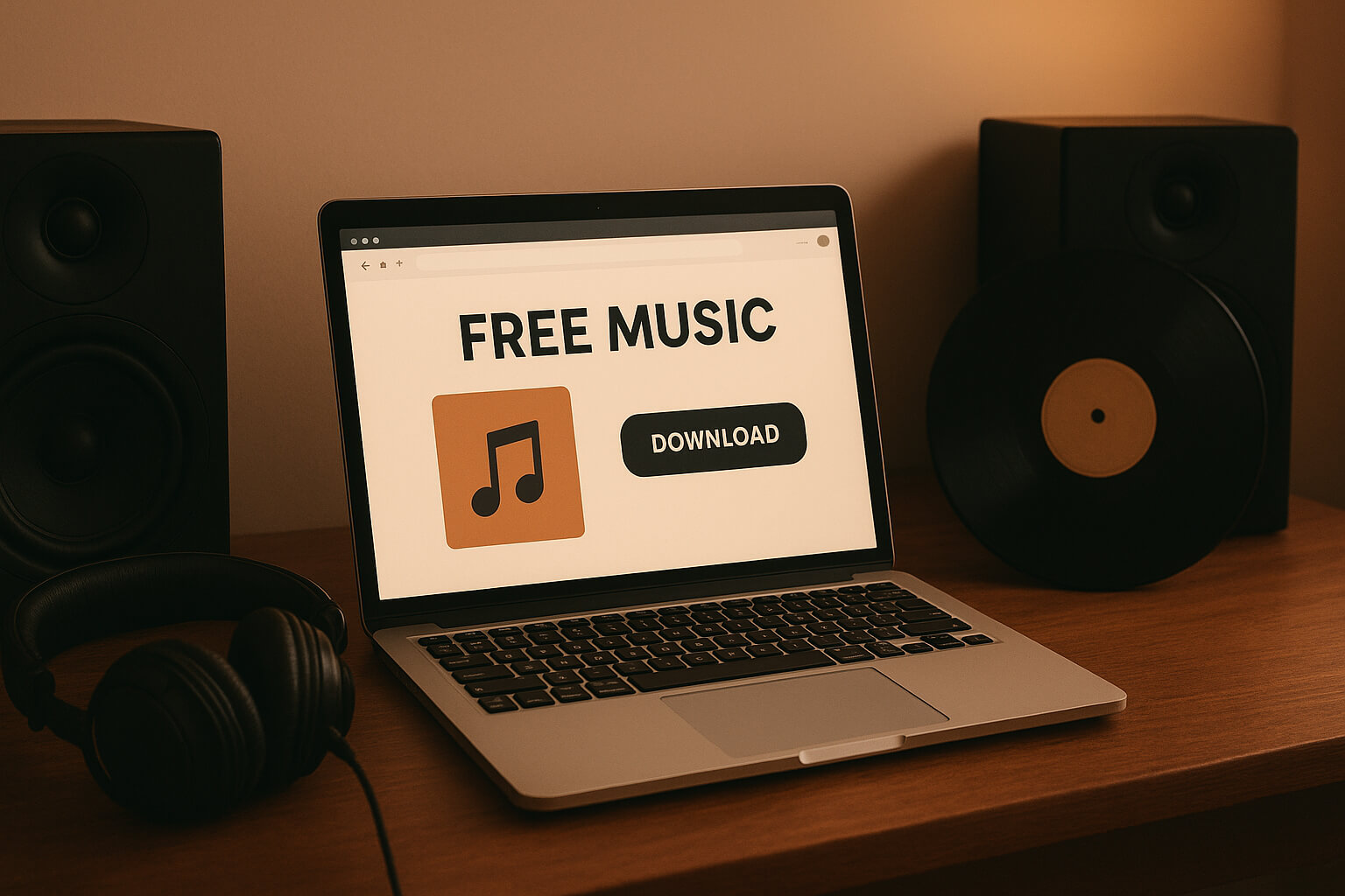 Laptop showing free music download site with headphones and speakers in a cozy setup