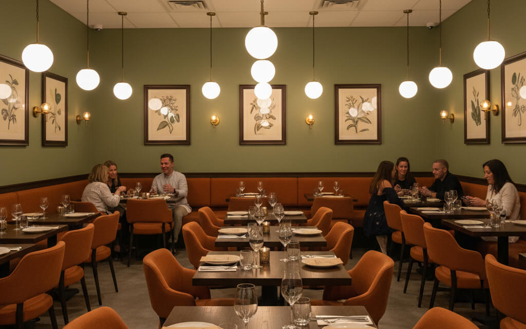 Restaurant interior with warm lighting and consistent decor, creating a familiar and inviting atmosphere for loyal guests