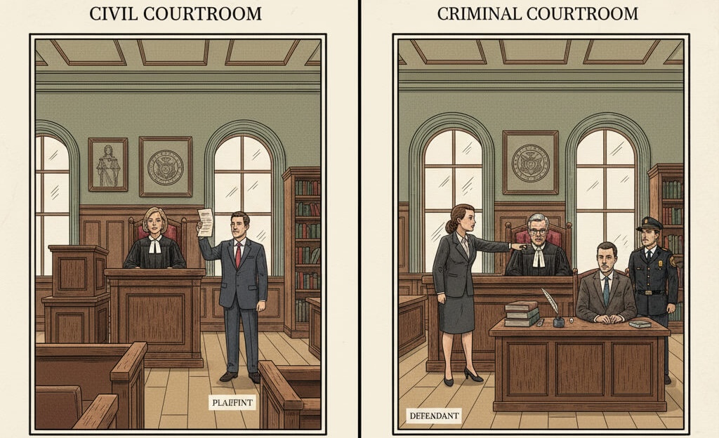 Illustration showing the contrast between a civil and criminal courtroom.