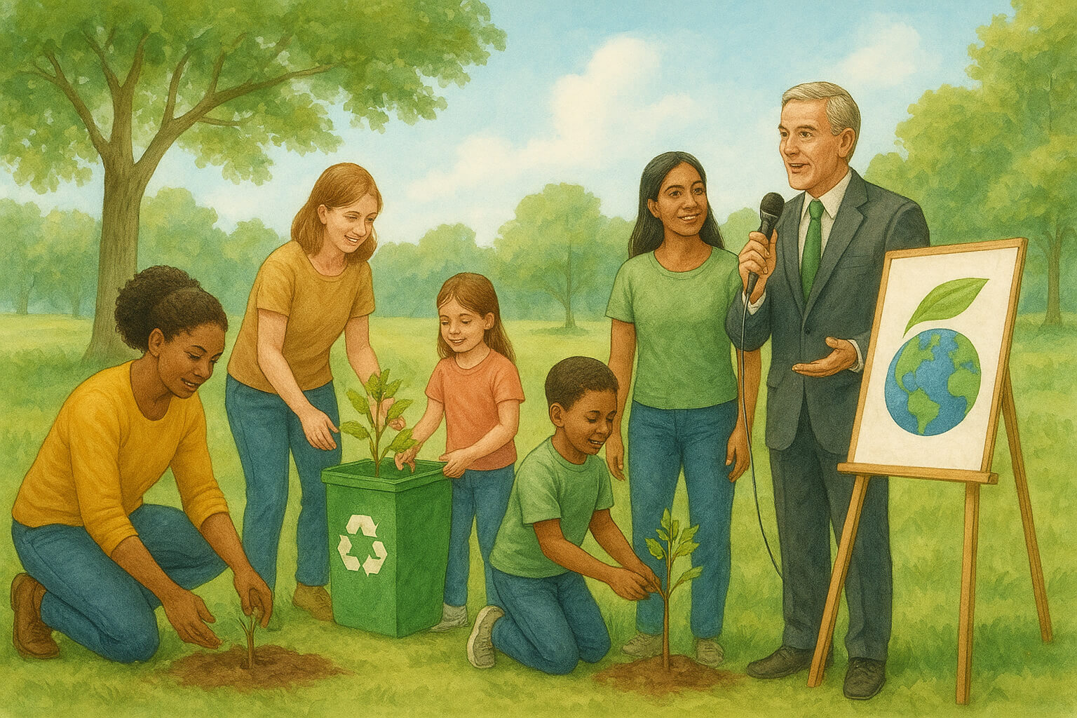 Community members planting trees together as part of a local environmental protection initiative.