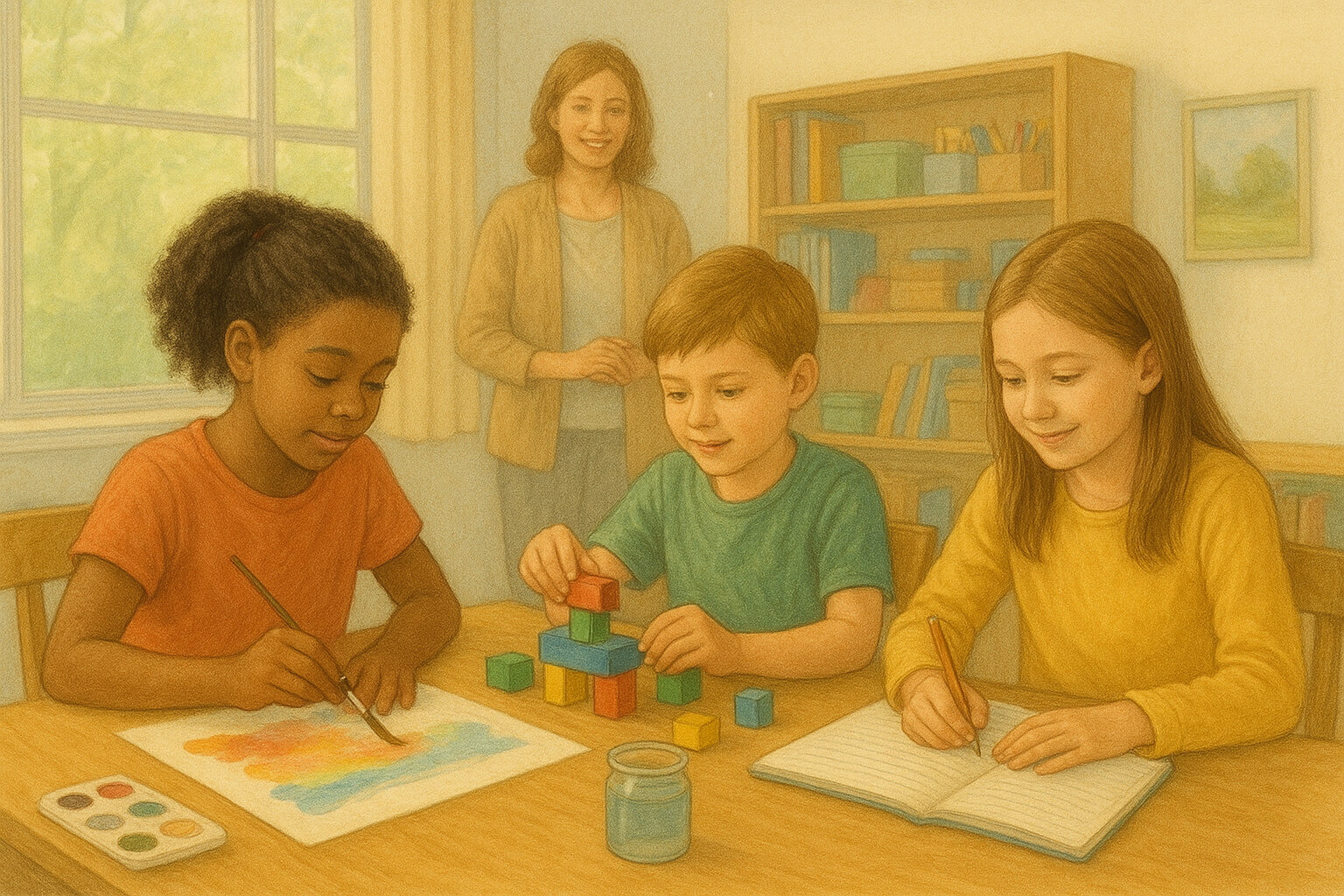 Children engaged in creative activities like painting, storytelling, and building projects, symbolizing curiosity and innovation.