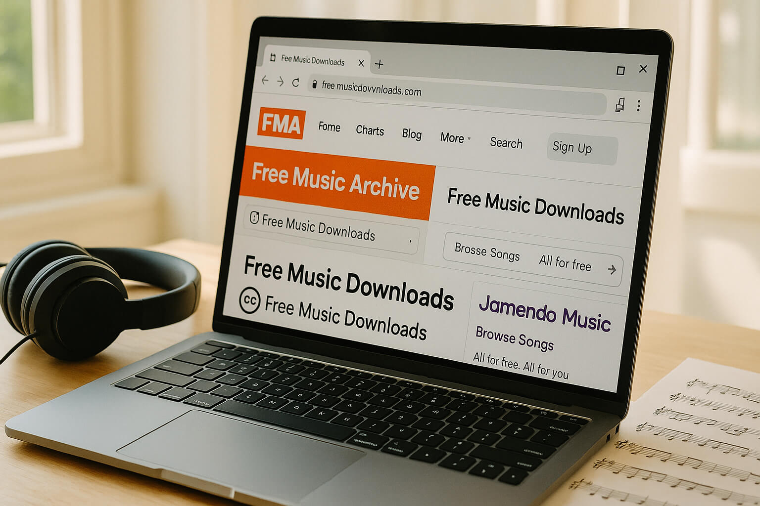 Free music download websites on laptop with headphones and sheet music.