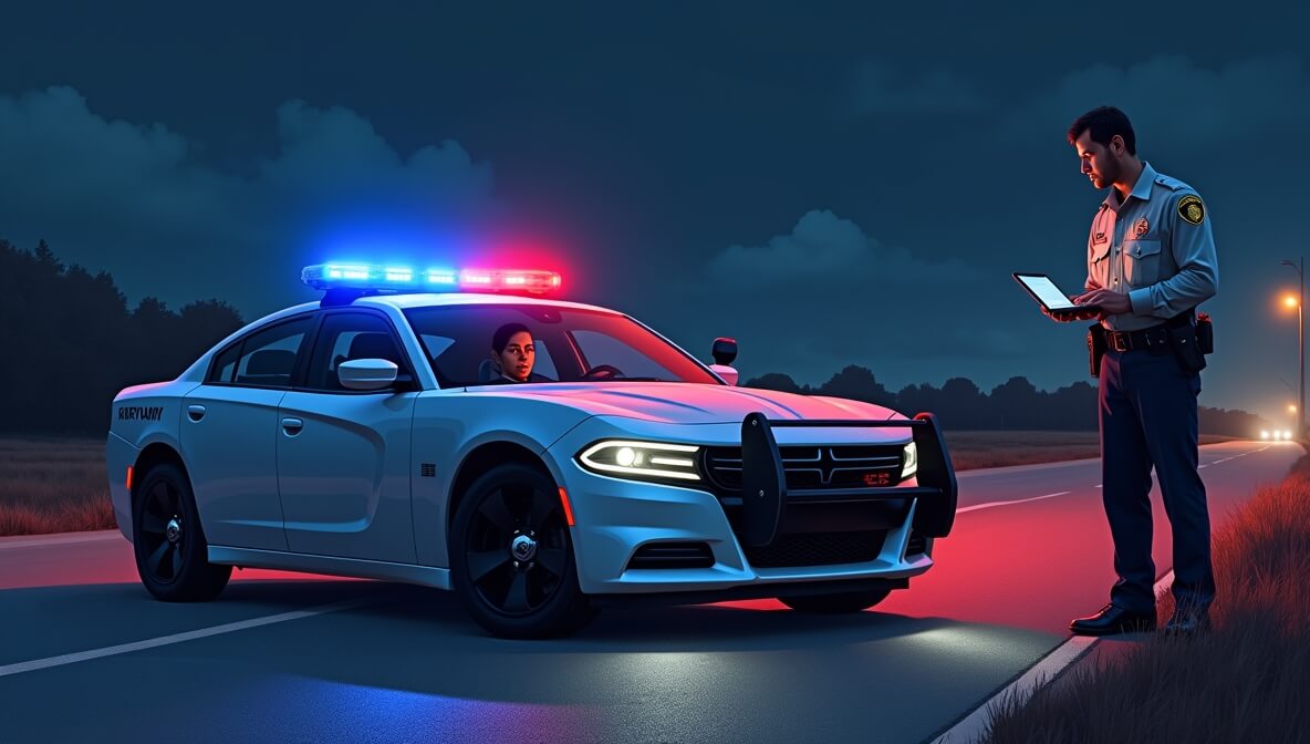Person pulled over by police at night, knowing their legal rights.