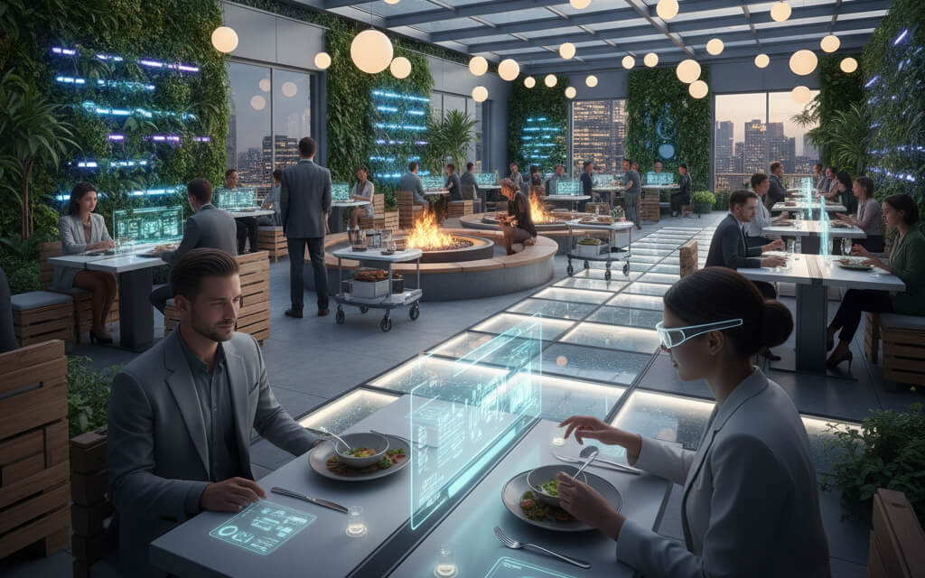 A modern outdoor dining space with ambient lighting, lush greenery, and guests enjoying an evening meal.