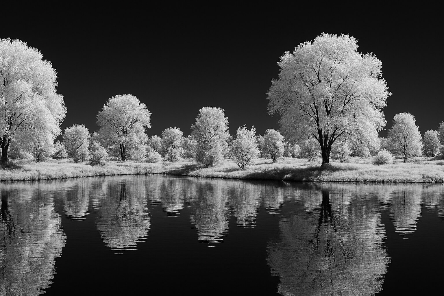 Infrared photo of glowing white trees and dark sky with reflective water.