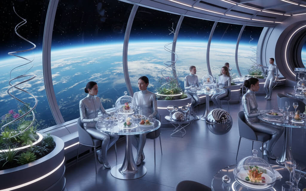 A futuristic space restaurant with diners enjoying a zero-gravity meal while viewing Earth from orbit.