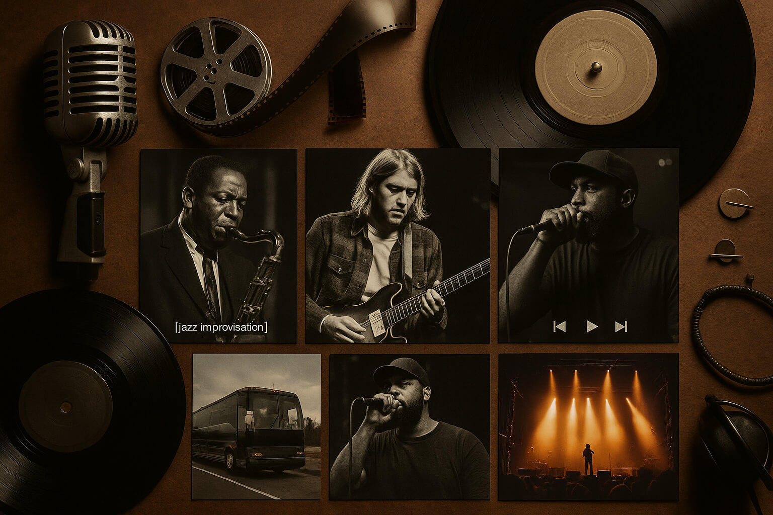 A creative collage showcasing film scenes and musical icons representing famous music documentaries across genres.