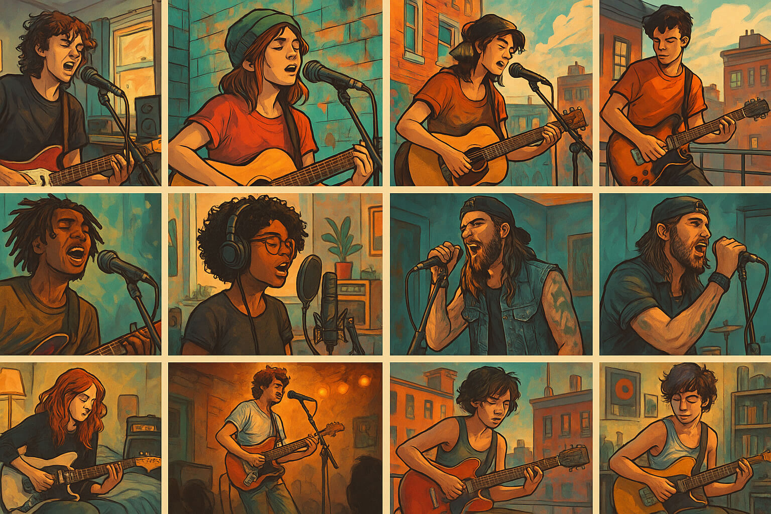 A collage of emerging indie artists performing in unique settings, highlighting the diversity of the 2025 indie music scene.