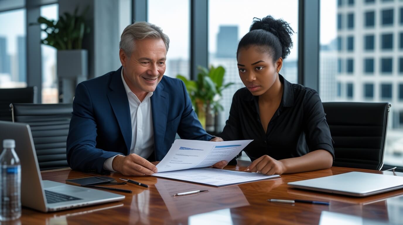 Business owner and landlord reviewing a commercial lease agreement in a bright office.