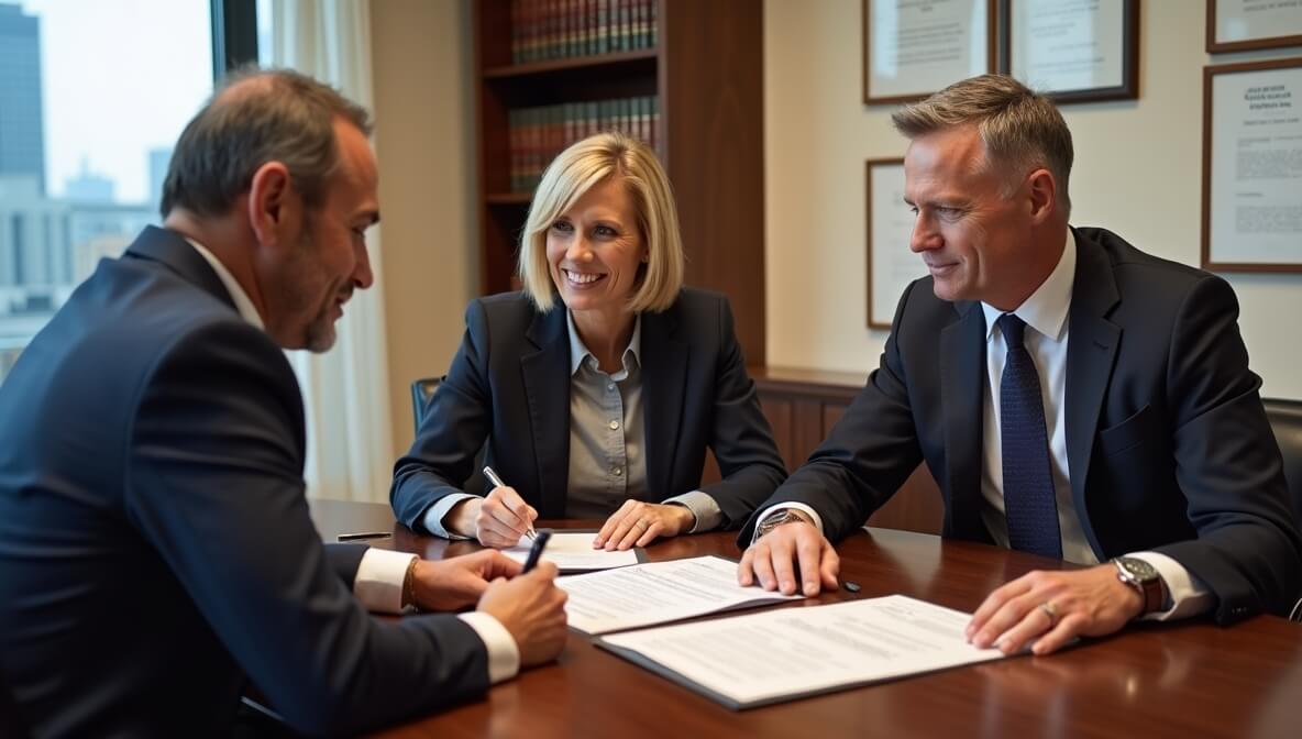 Business partners consulting a lawyer during the process of dissolving their company.