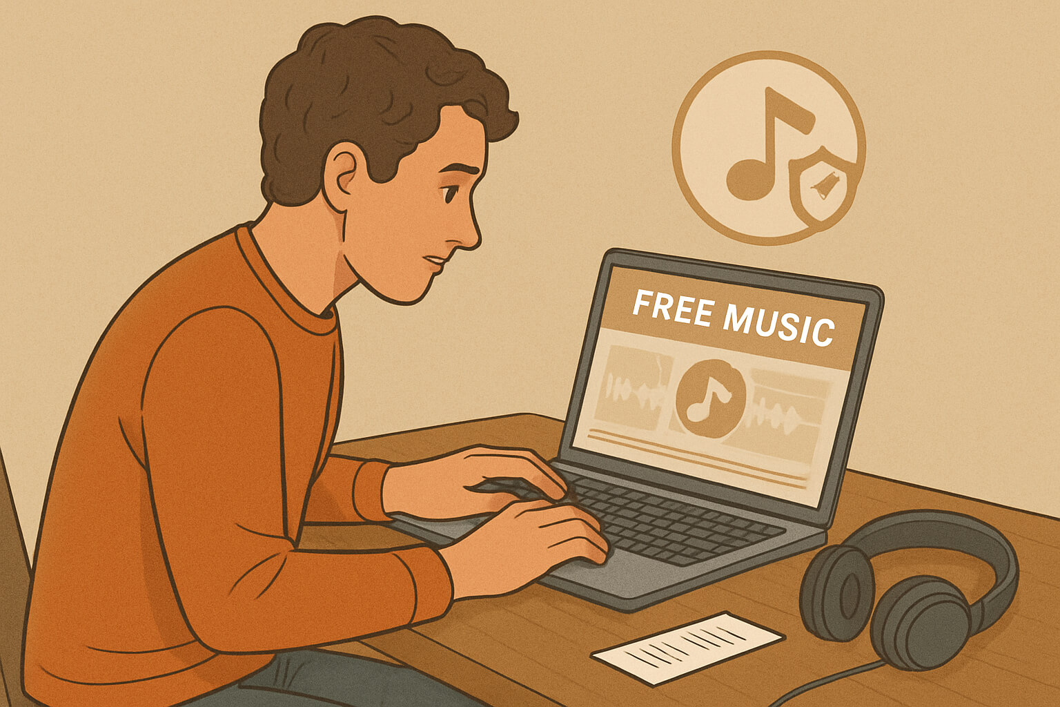 Podcast creator downloading free music legally for a podcast, with websites and licensing details visible on the screen.