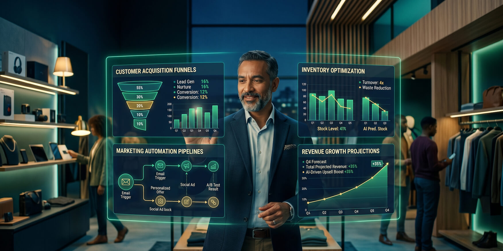 A retail store owner planning and executing AI strategies to grow their business in 2026