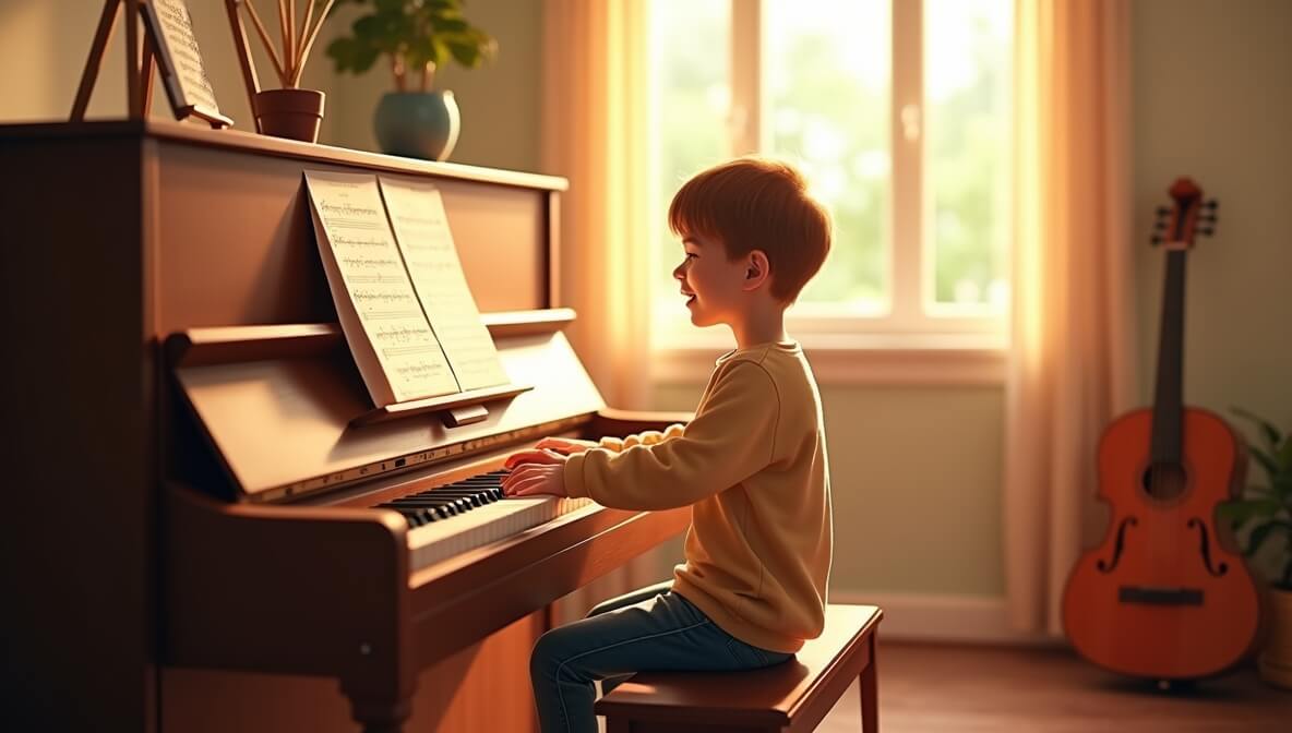 A beginner sitting at a digital piano, practicing basic chords with sheet music in front.