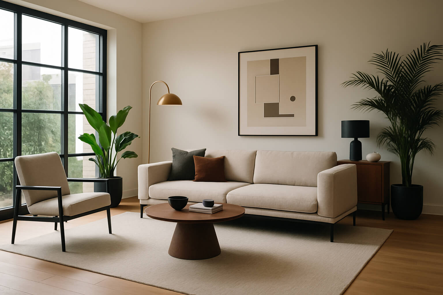 Spacious modern living room with natural light, stylish furniture, and vibrant plants, demonstrating effective interior photography composition and lighting techniques.