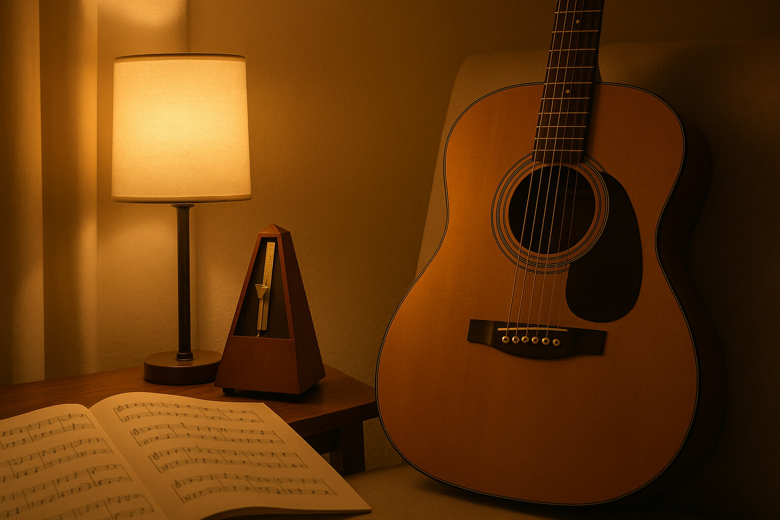 Musician practicing guitar with a metronome on a desk.