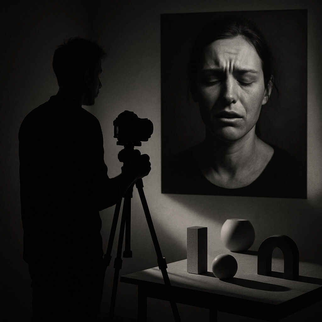 Photographer in a dark studio setting with creative lighting, preparing for a conceptual photography shoot with abstract objects.