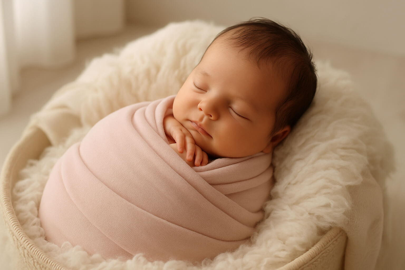 Newborn baby peacefully posed on soft blanket under natural light.